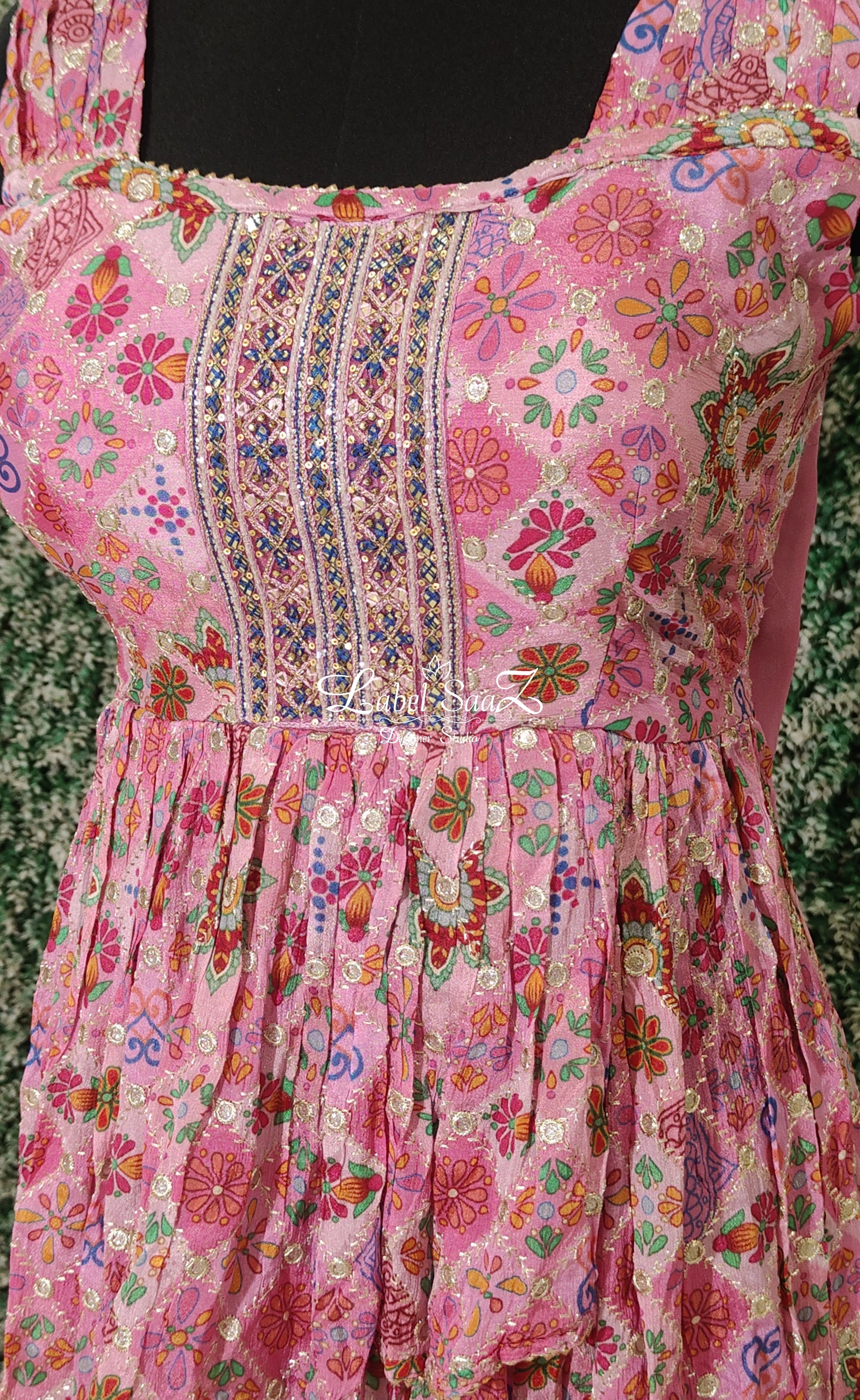Pink Floral Embroidered Frill Top With Palazzos & Dupatta