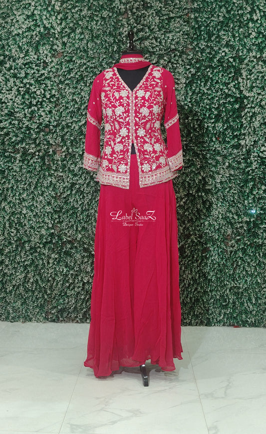 Pink Indo-Western Frill Top With Palazzo & Dupatta