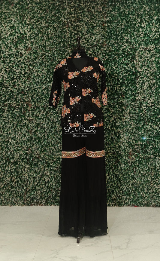 Black Floral Sequin Detail Kurti with Sharara & Dupatta Set