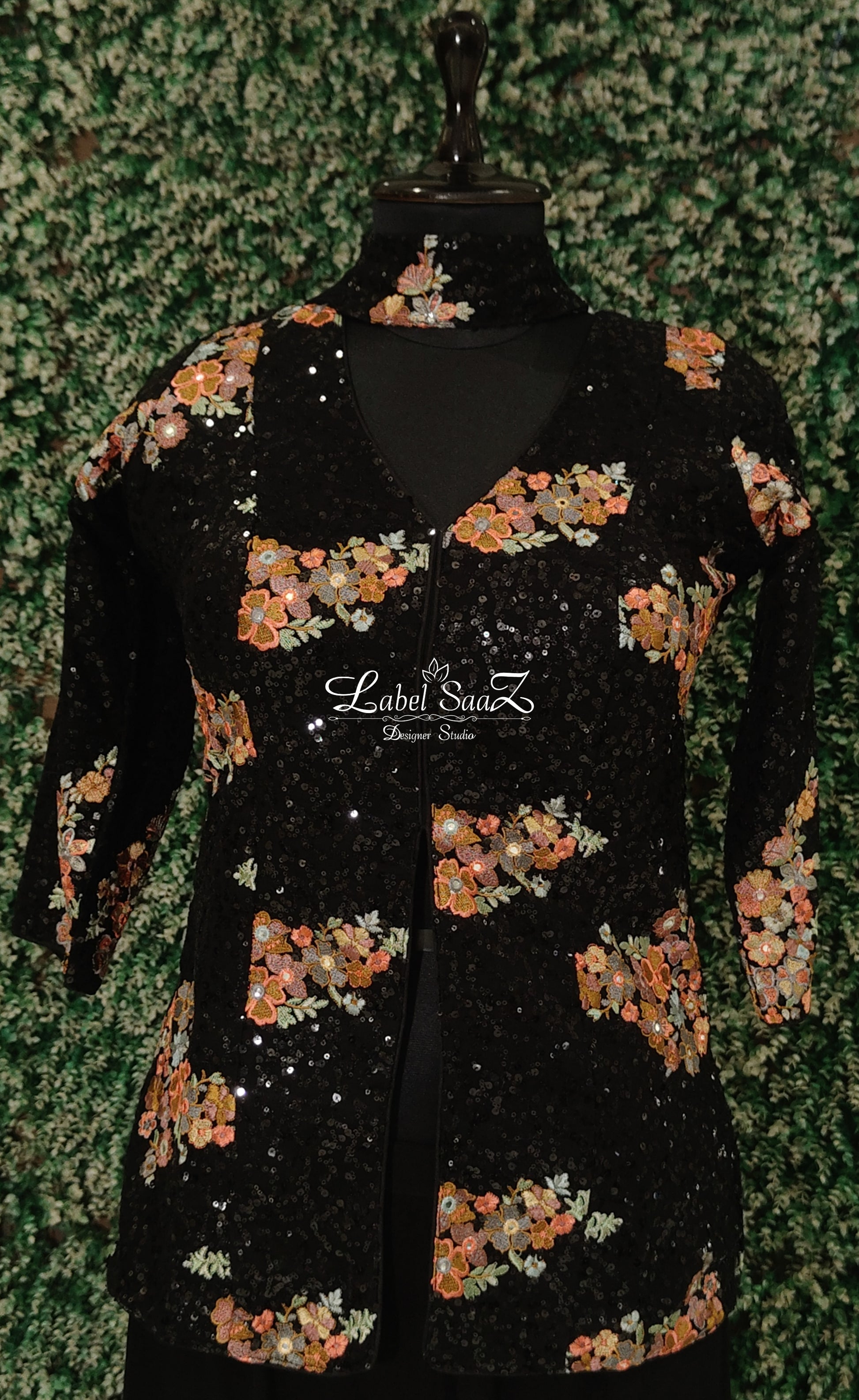 Black Floral Sequin Detail Kurti with Sharara & Dupatta Set