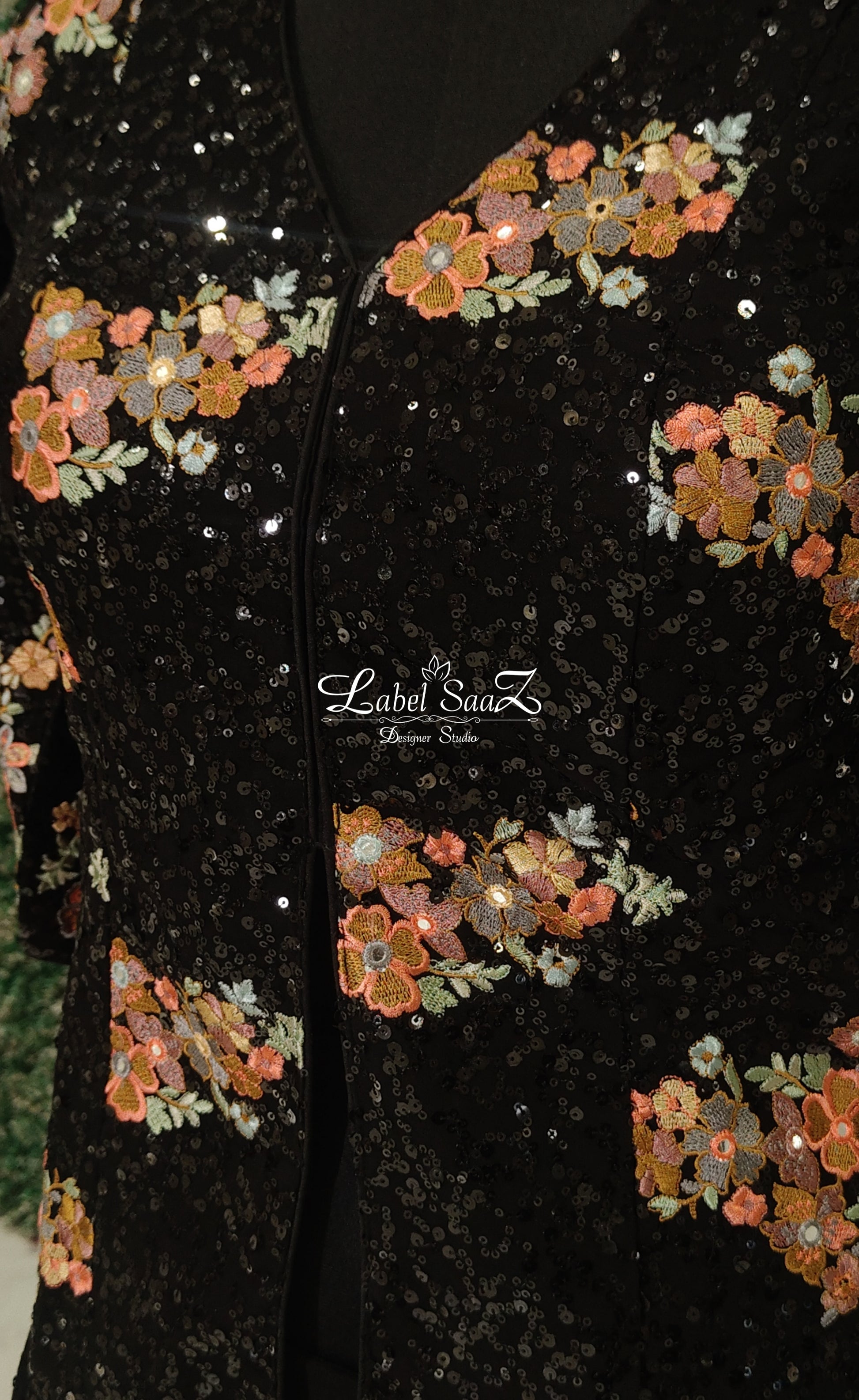 Black Floral Sequin Detail Kurti with Sharara & Dupatta Set