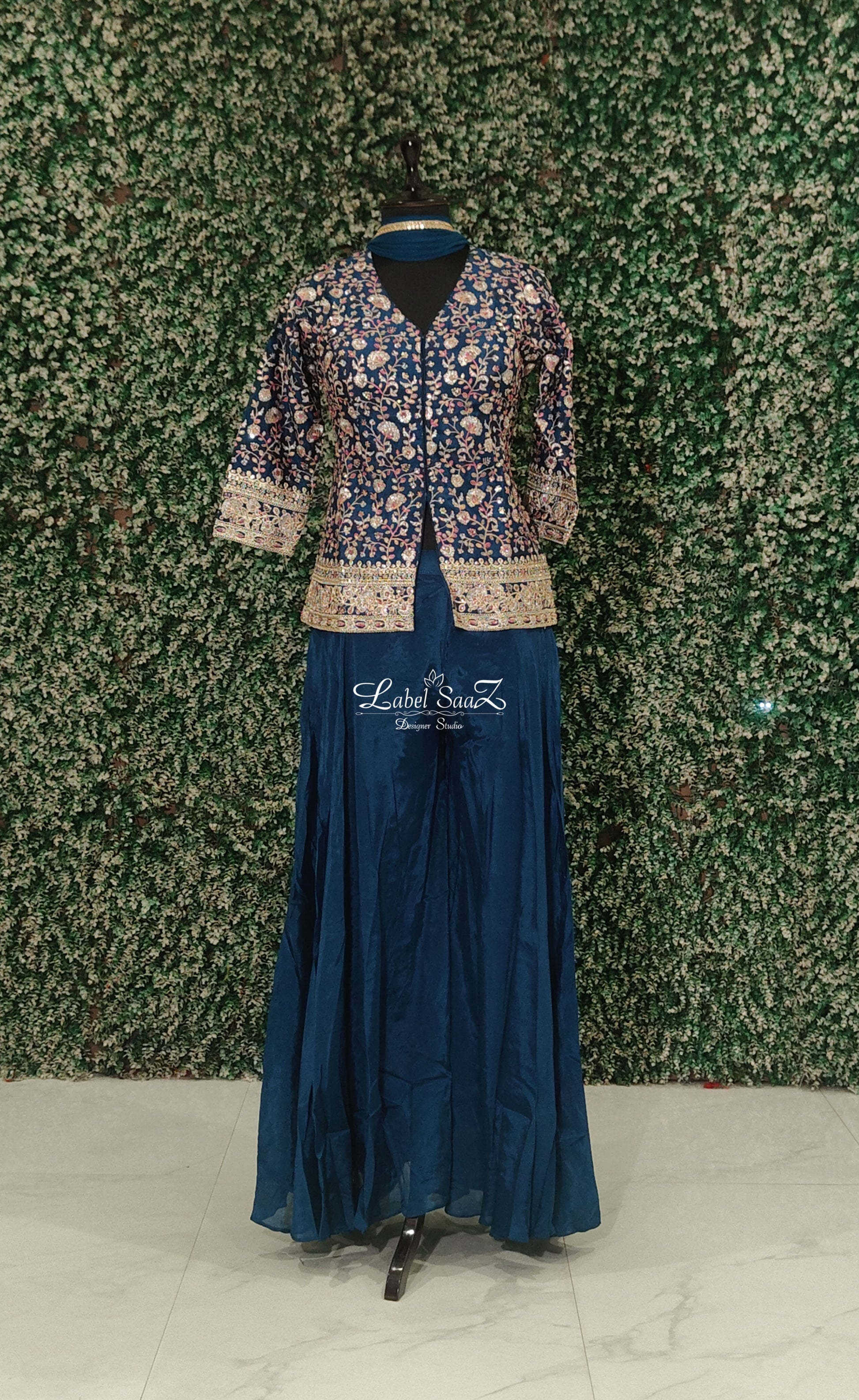 Indigo Blue Embroidered Sharara Set With Dupatta 