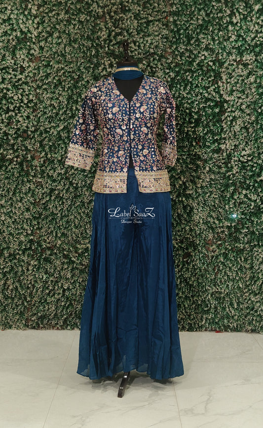 Indigo Blue Embroidered Sharara Set With Dupatta 