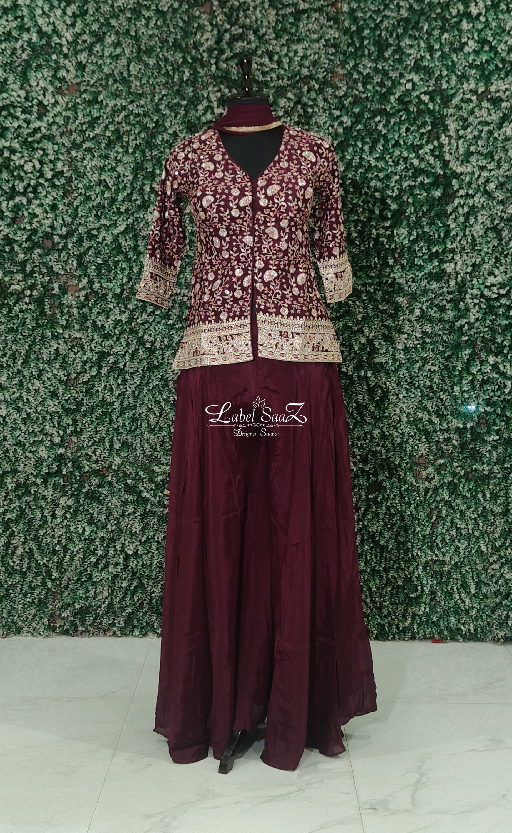 Maroon  Embroidered Kurta with Sharara Set & Dupatta
