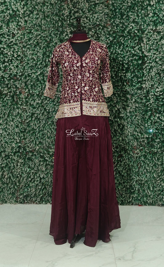 Maroon  Embroidered Kurta with Sharara Set & Dupatta