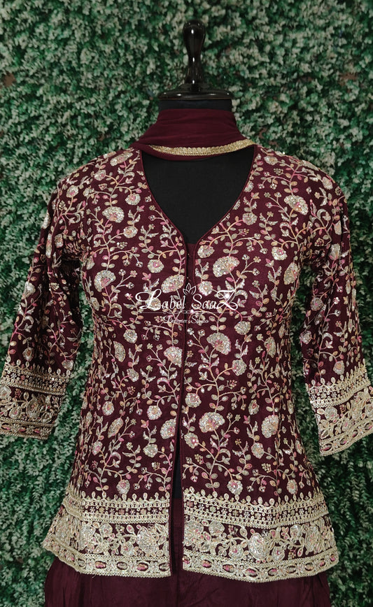 Maroon  Embroidered Kurta with Sharara Set & Dupatta