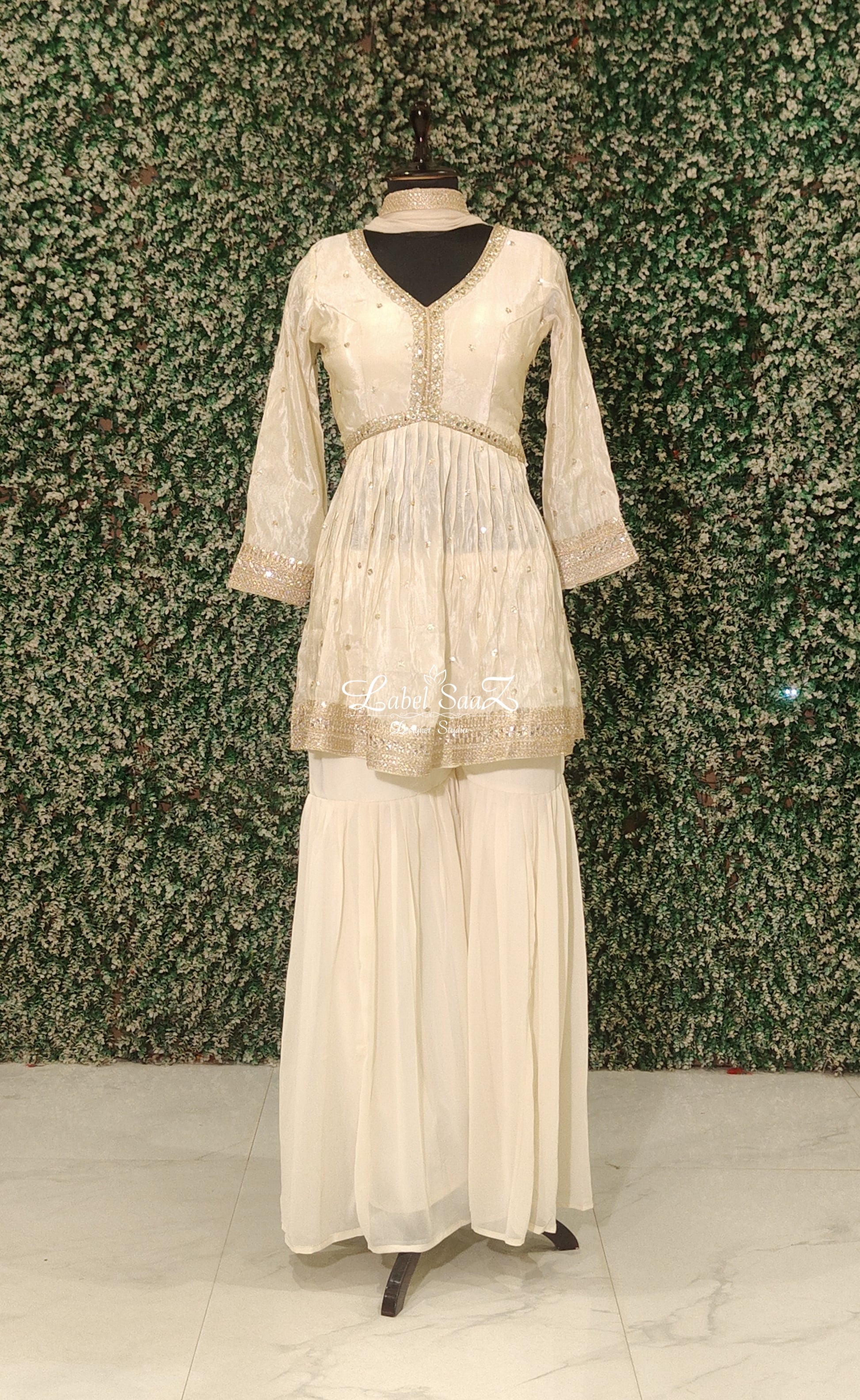 Off White Embroidered Sharara Set Set & Dupatta 