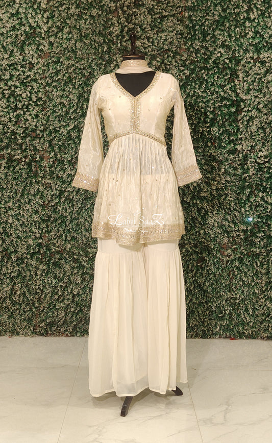 Off White Embroidered Sharara Set Set & Dupatta 