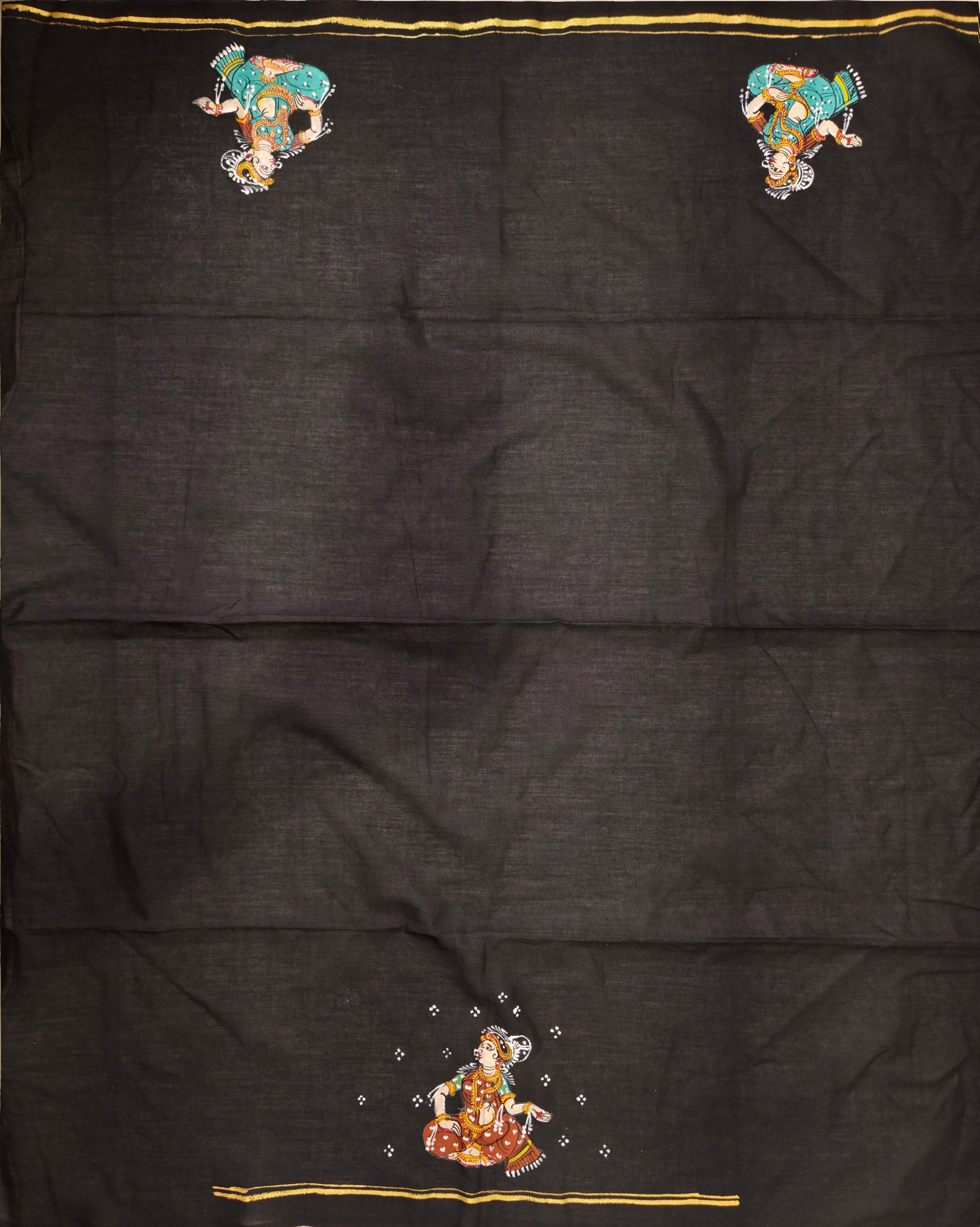 Brown Black Krishna Raas Leela Hand-Painted Pattachitra Saree