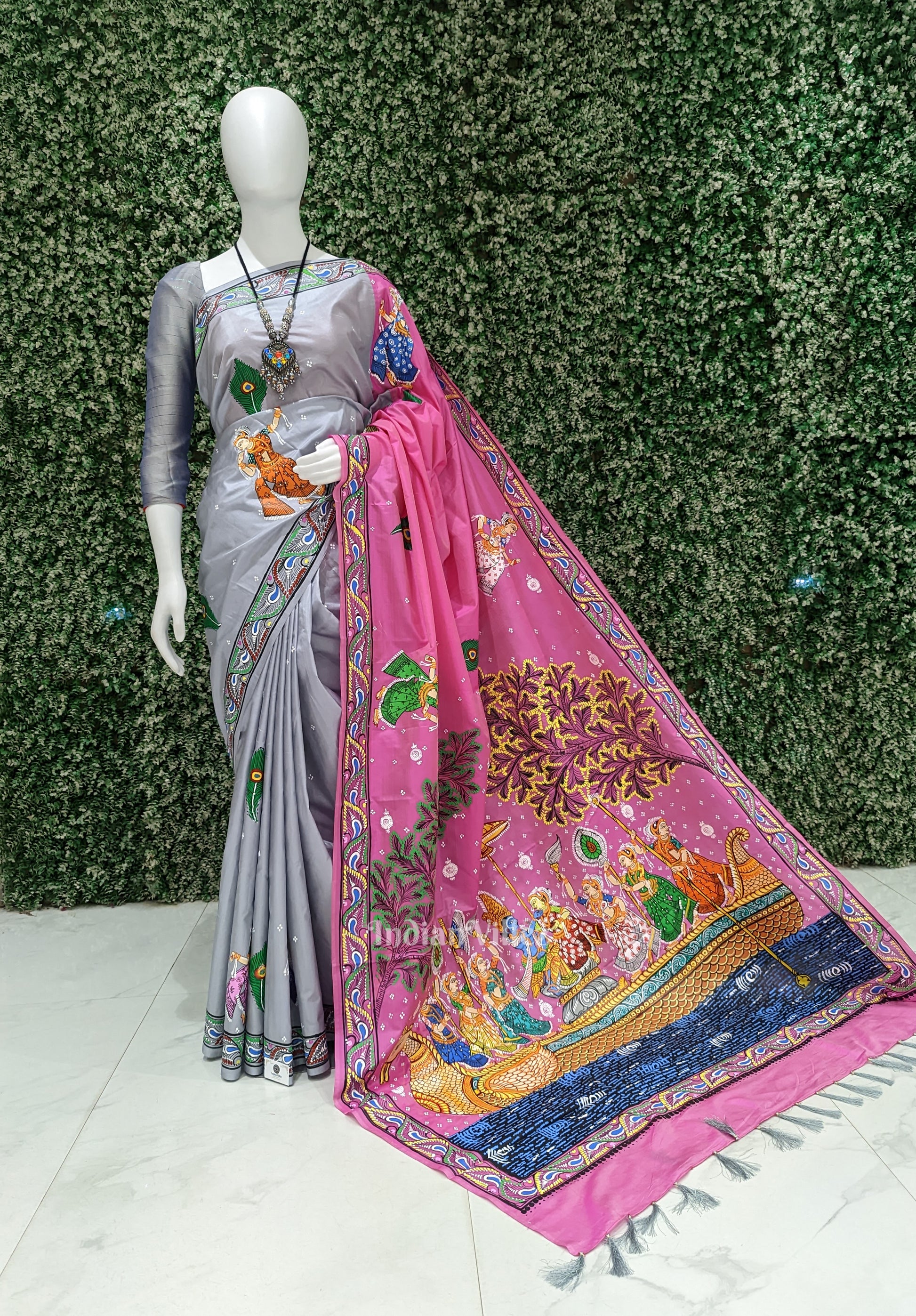 Pink Grey Boita Rasaleela Theme Hand-Painted Pattachitra Saree