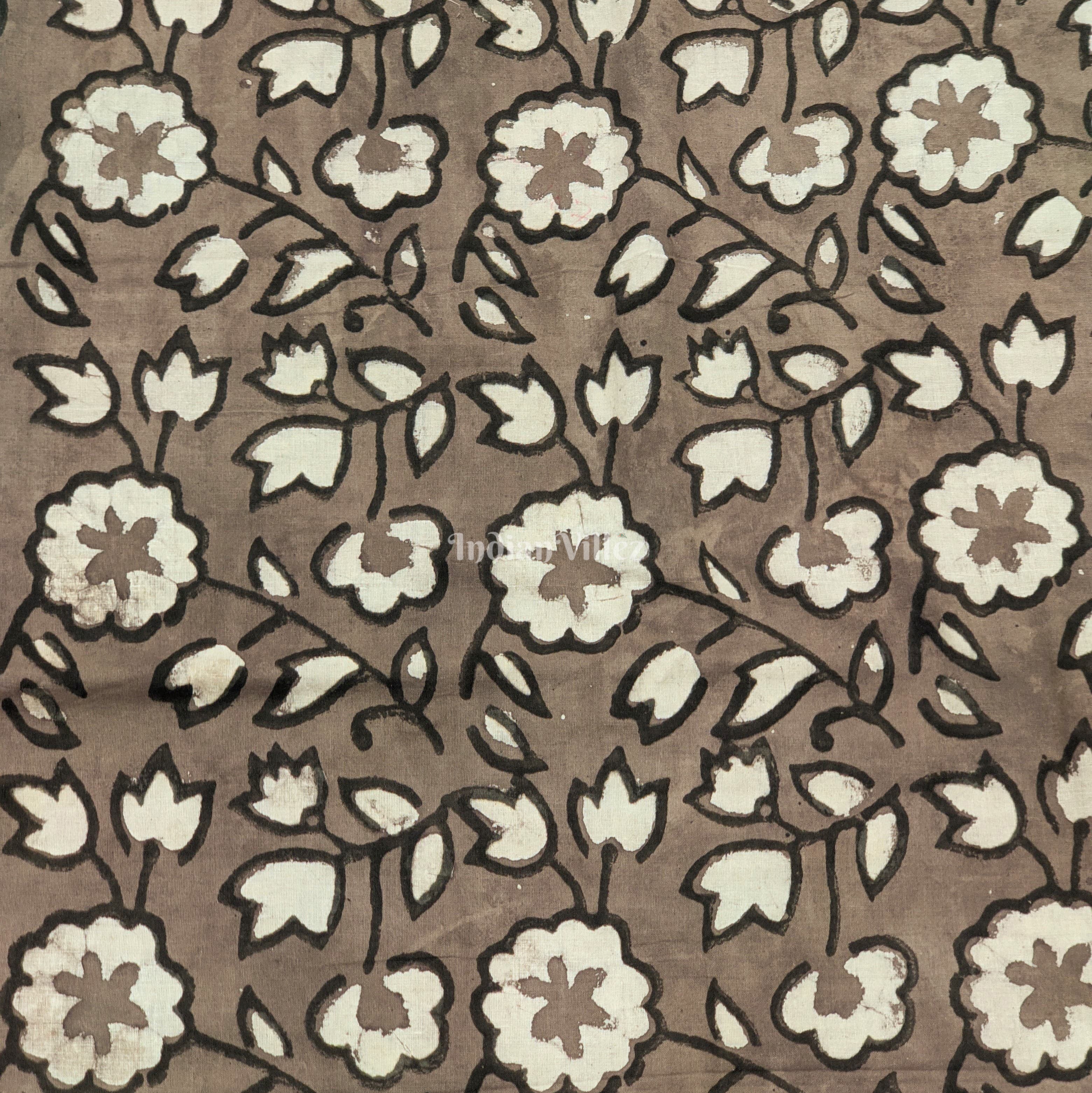 Gray White Floral Hand Block Printed Cotton Fabric