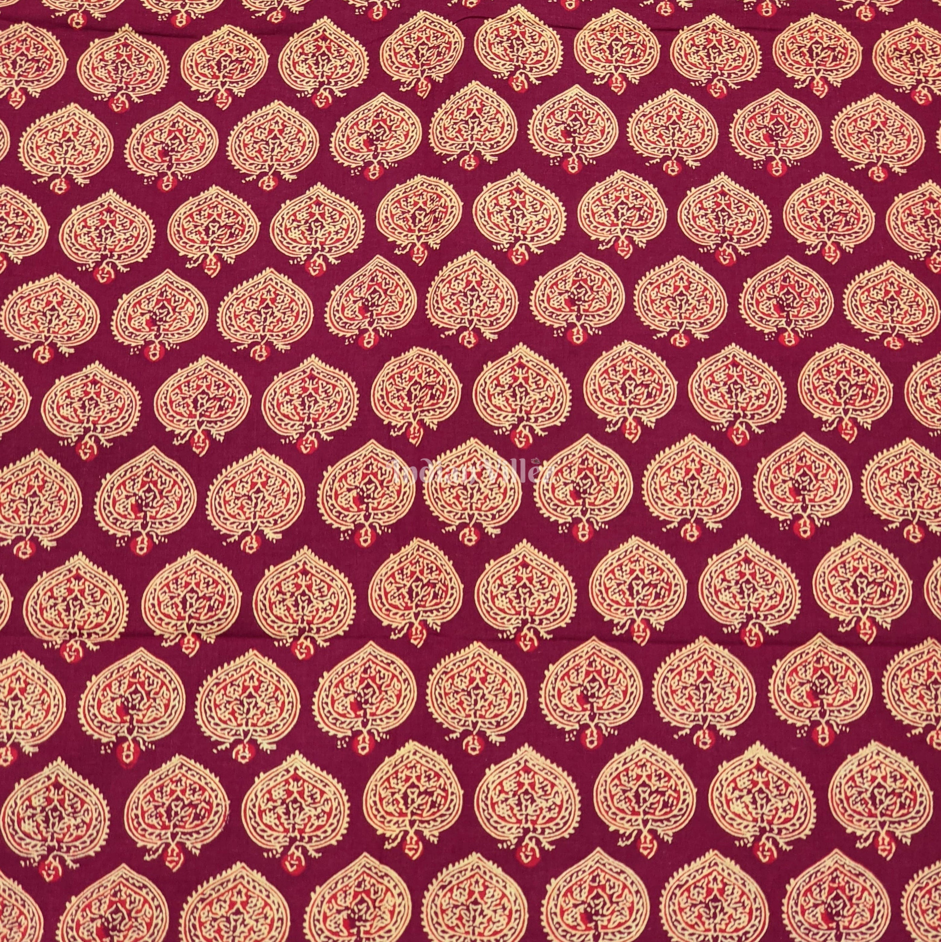 Maroon Floral Hand Block Printed Cotton Fabric