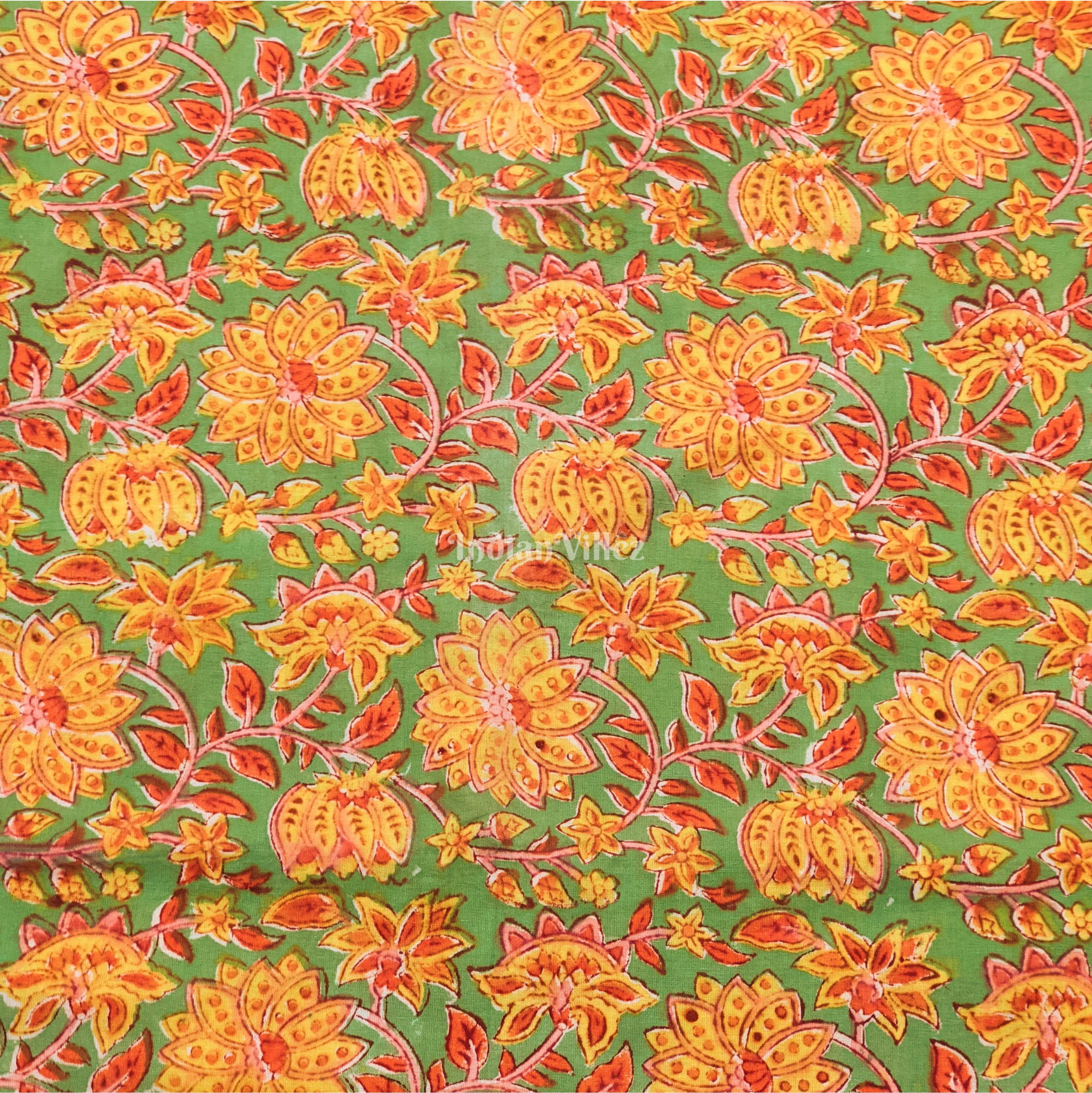 Yellow Green Floral Hand Block Printed Cotton Fabric