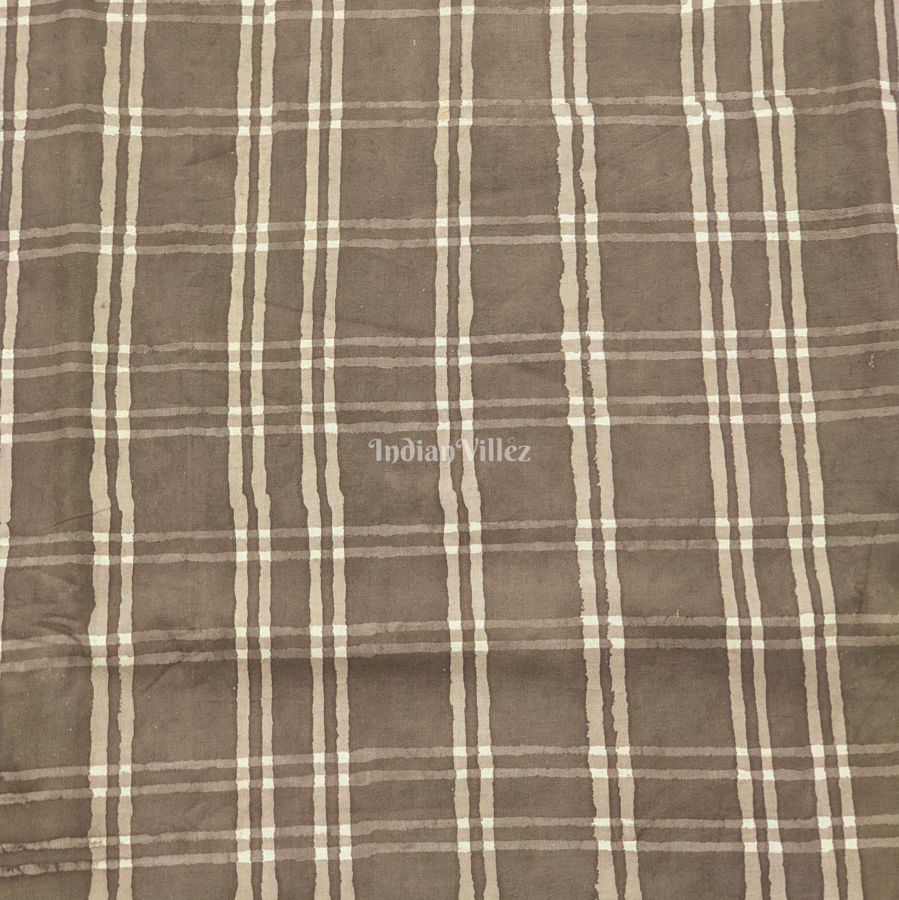 Gray Checked Hand Block Printed Cotton Fabric