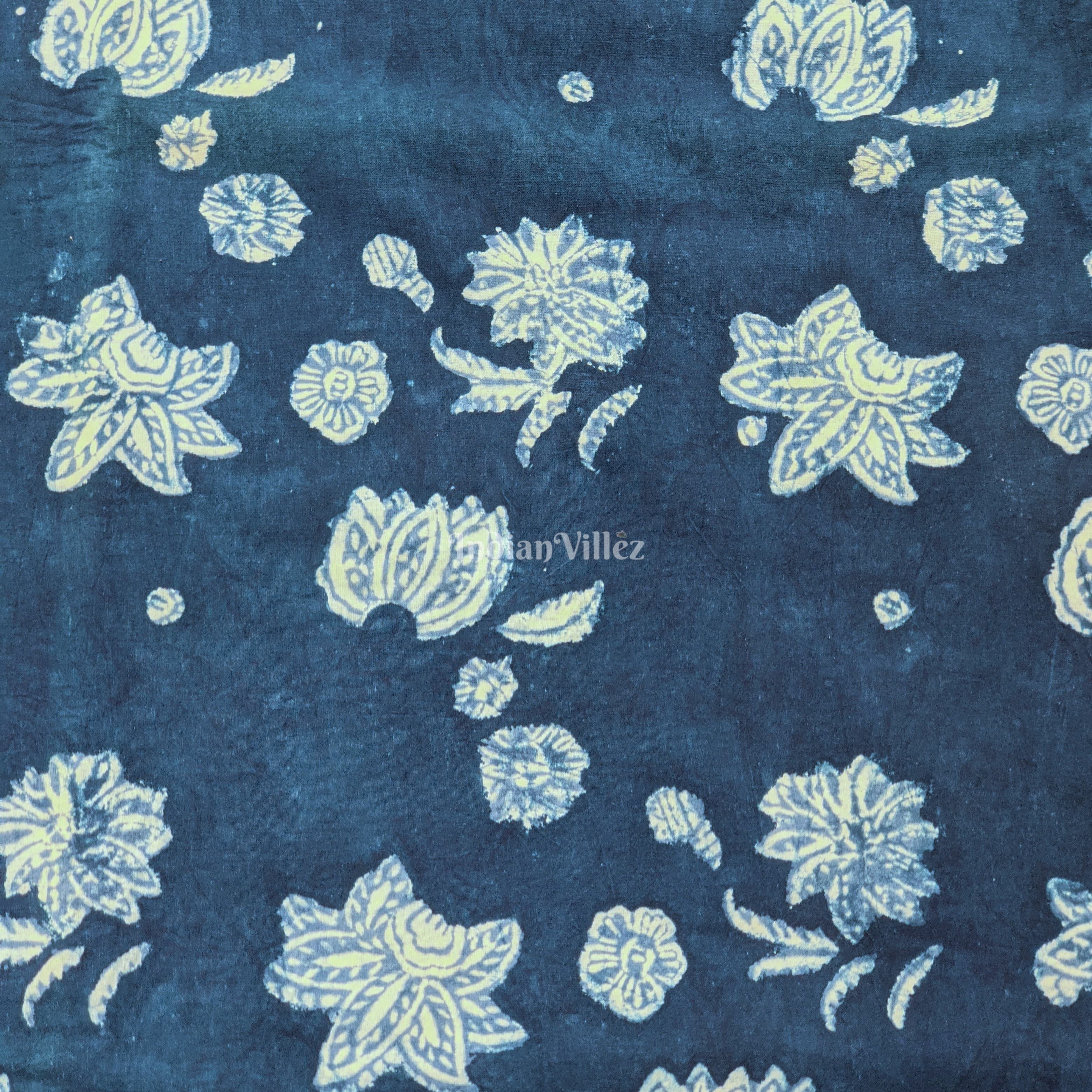 Dark Blue Floral Hand Block Printed Cotton Fabric
