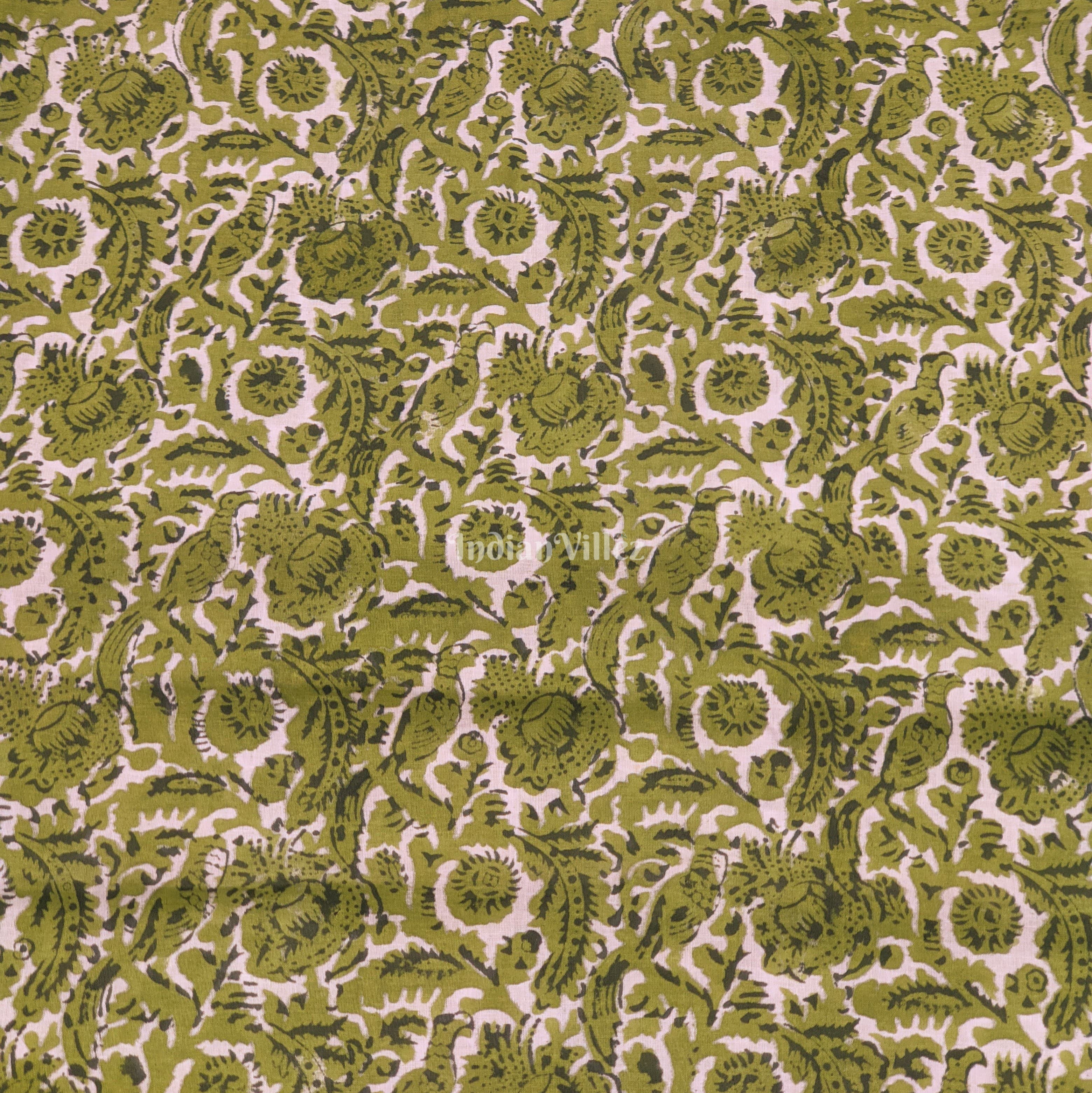 Green Floral Hand Block Printed Cotton Fabric