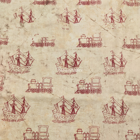 Cream Hand Block Motifs Printed Cotton Fabric