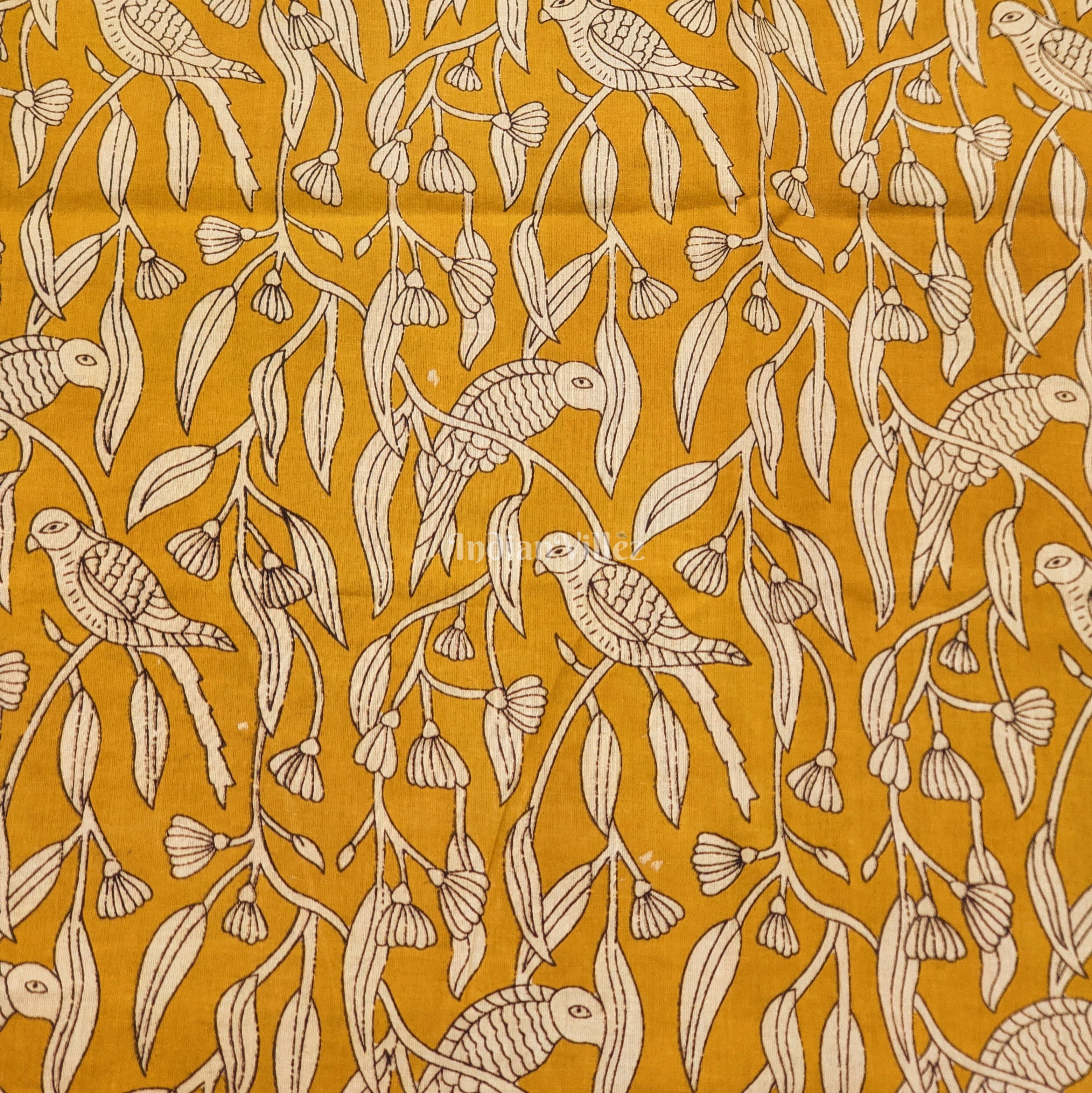 Mustard Hand Block Motifs Printed Cotton Fabric