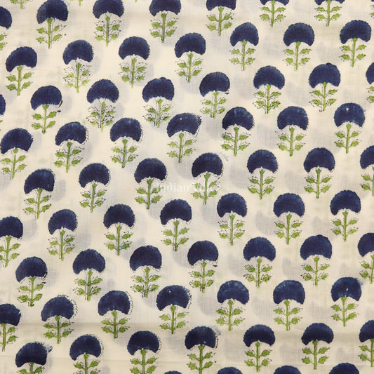 White Blue Flower Motif Hand Block Printed Cotton Fabric