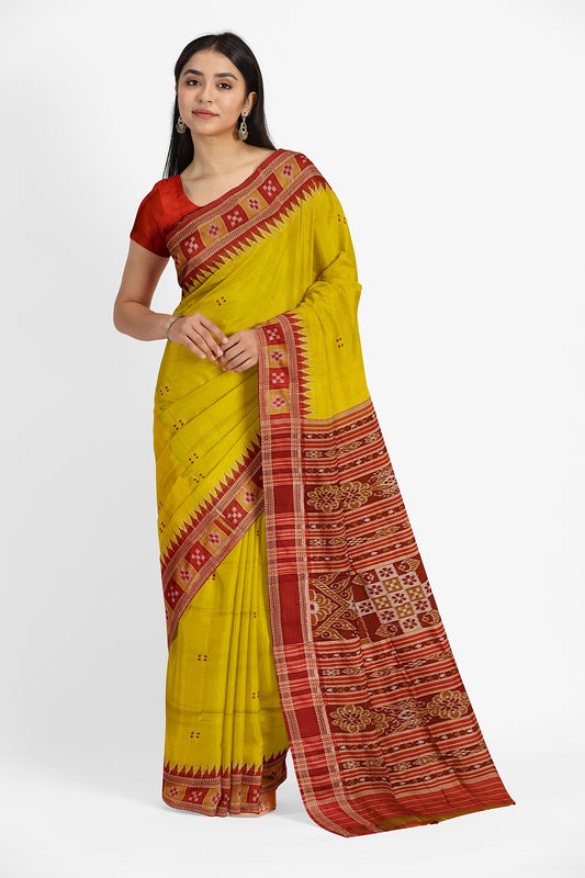 Golden Yellow Pasapali Border Odisha Ikat Khandua Silk Saree