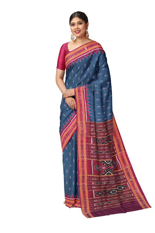Steel Blue Mayur Chandrika Odisha Ikat Khandua Silk Saree