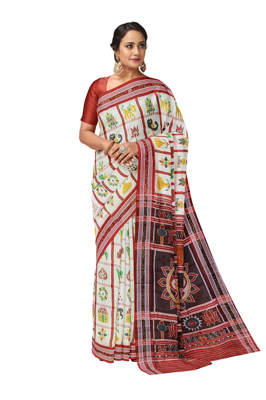 White Nabakothi Jagannath Theme Odisha Ikat Khandua Silk Saree