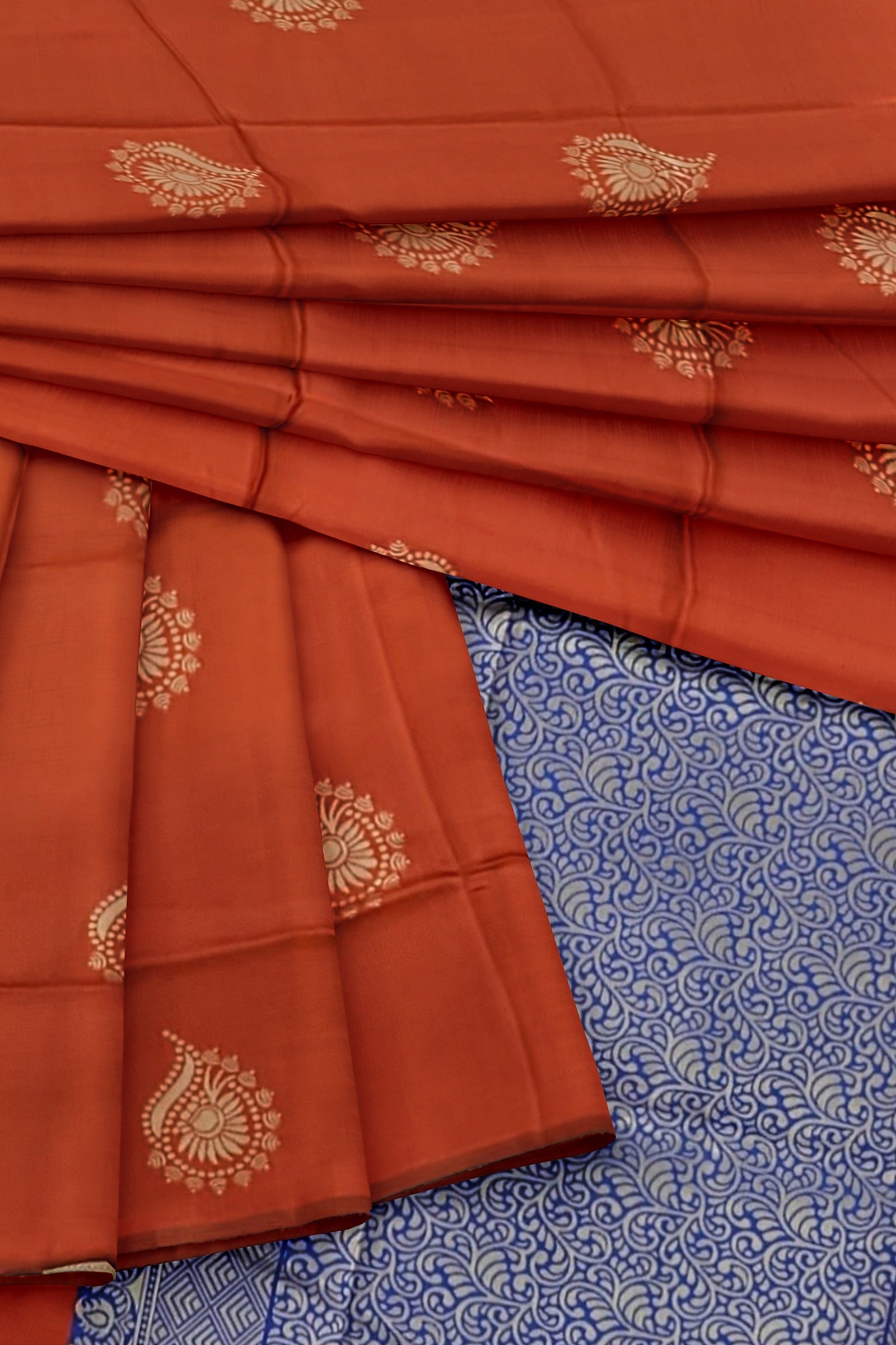 Brick Red Blue Kanjivaram Soft Silk Saree