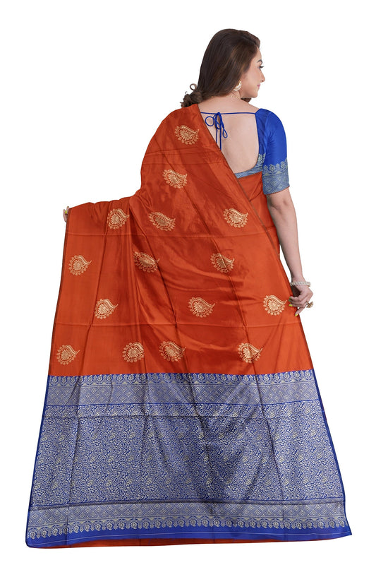 Brick Red Blue Kanjivaram Soft Silk Saree