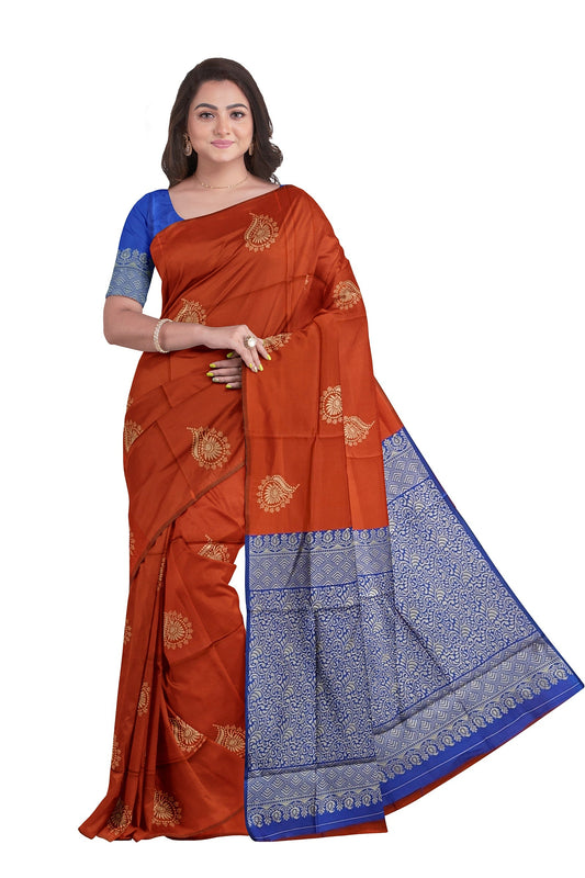 Brick Red Blue Kanjivaram Soft Silk Saree