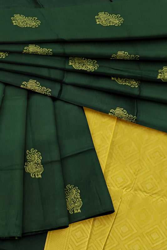 Bottle Green With Mustard Yellow Kanjivaram Soft Silk Saree