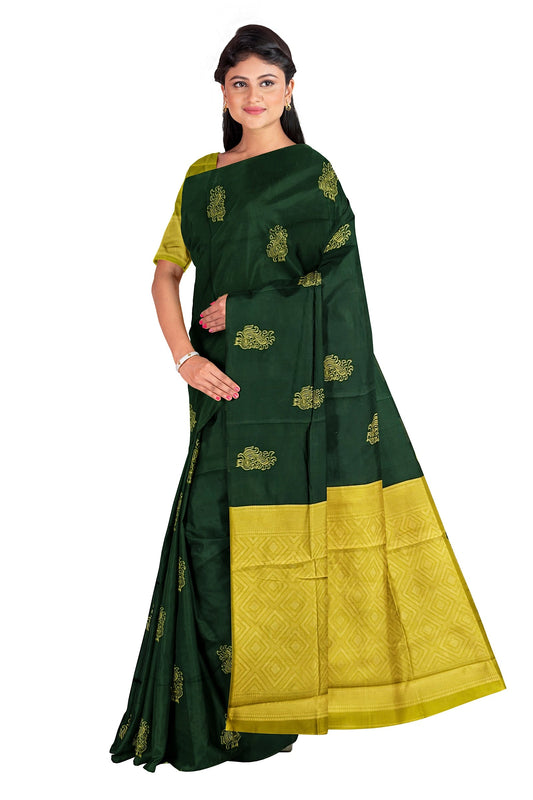 Bottle Green With Mustard Yellow Kanjivaram Soft Silk Saree