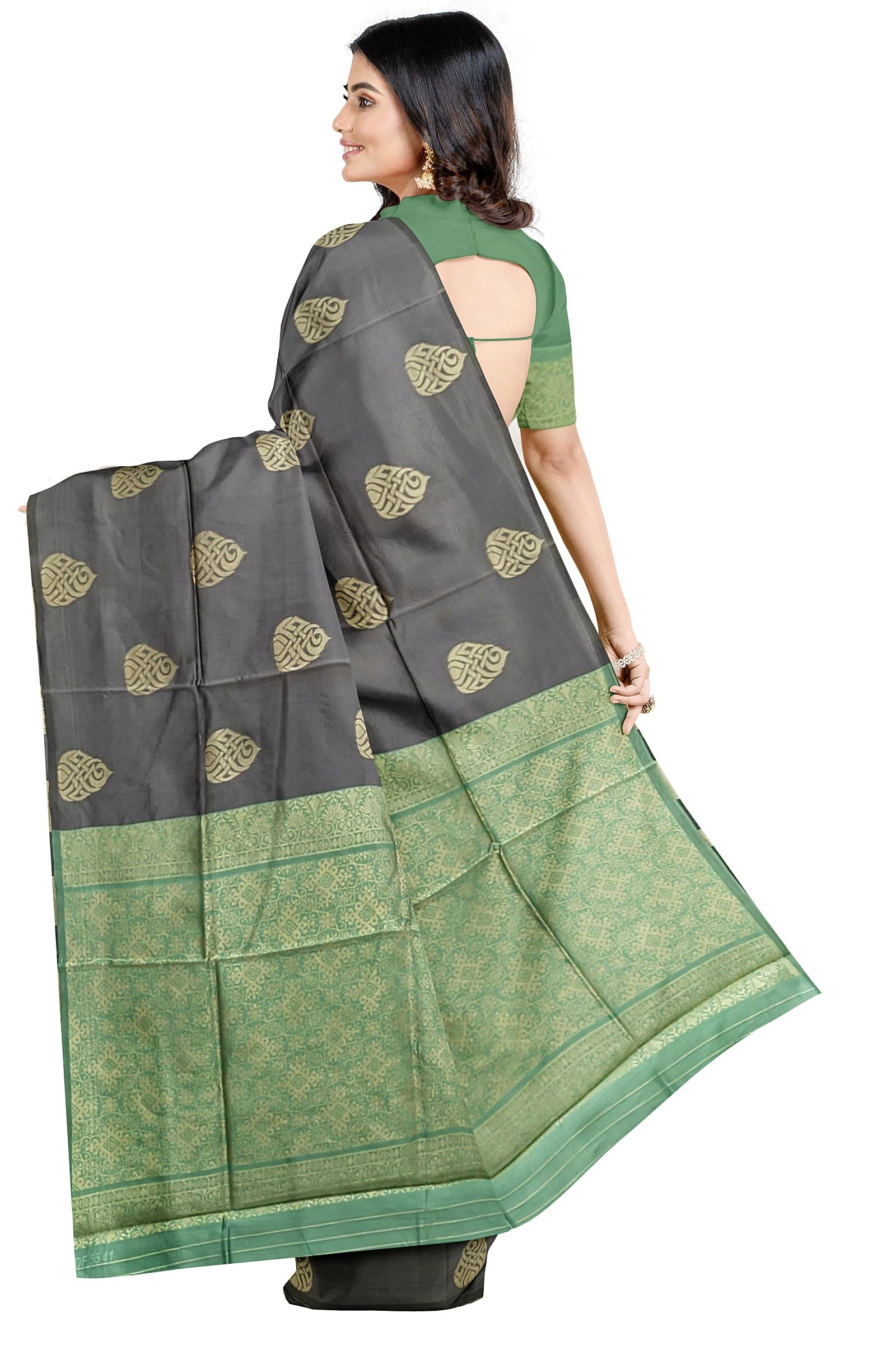 Grey With Green Kanjivaram Soft Silk Saree