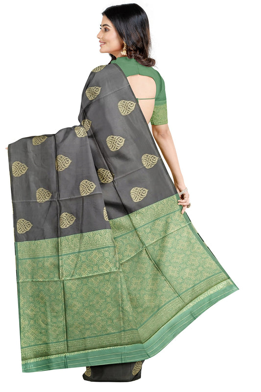 Grey With Green Kanjivaram Soft Silk Saree