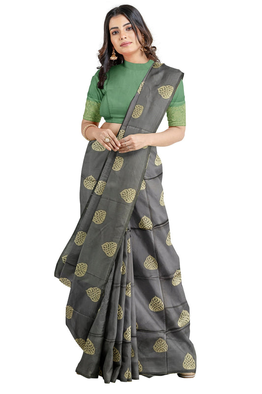 Grey With Green Kanjivaram Soft Silk Saree