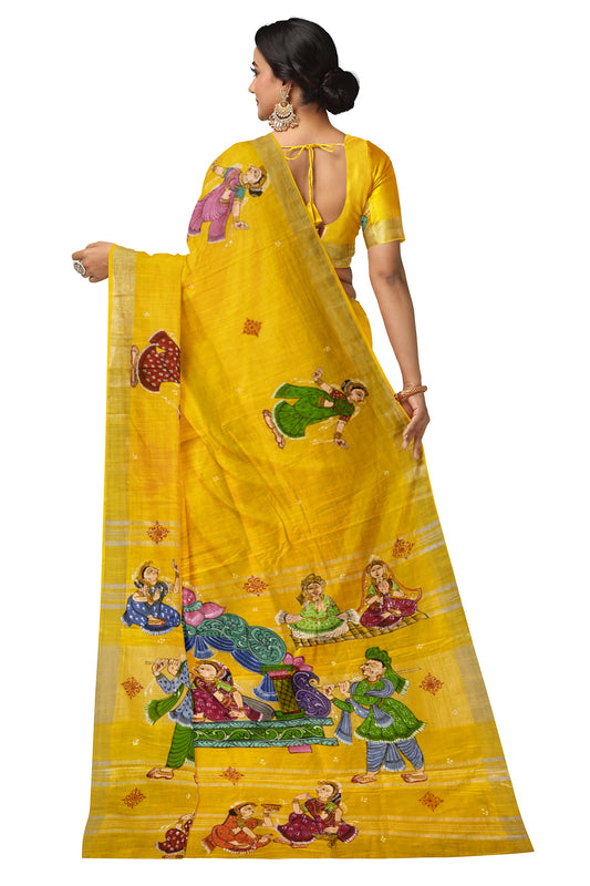 Yellow Palki Theme Hand-Painted Pattachitra Saree