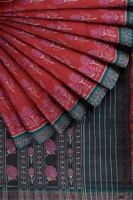 Red Maniabandha Rose Flower Motif Cotton Saree