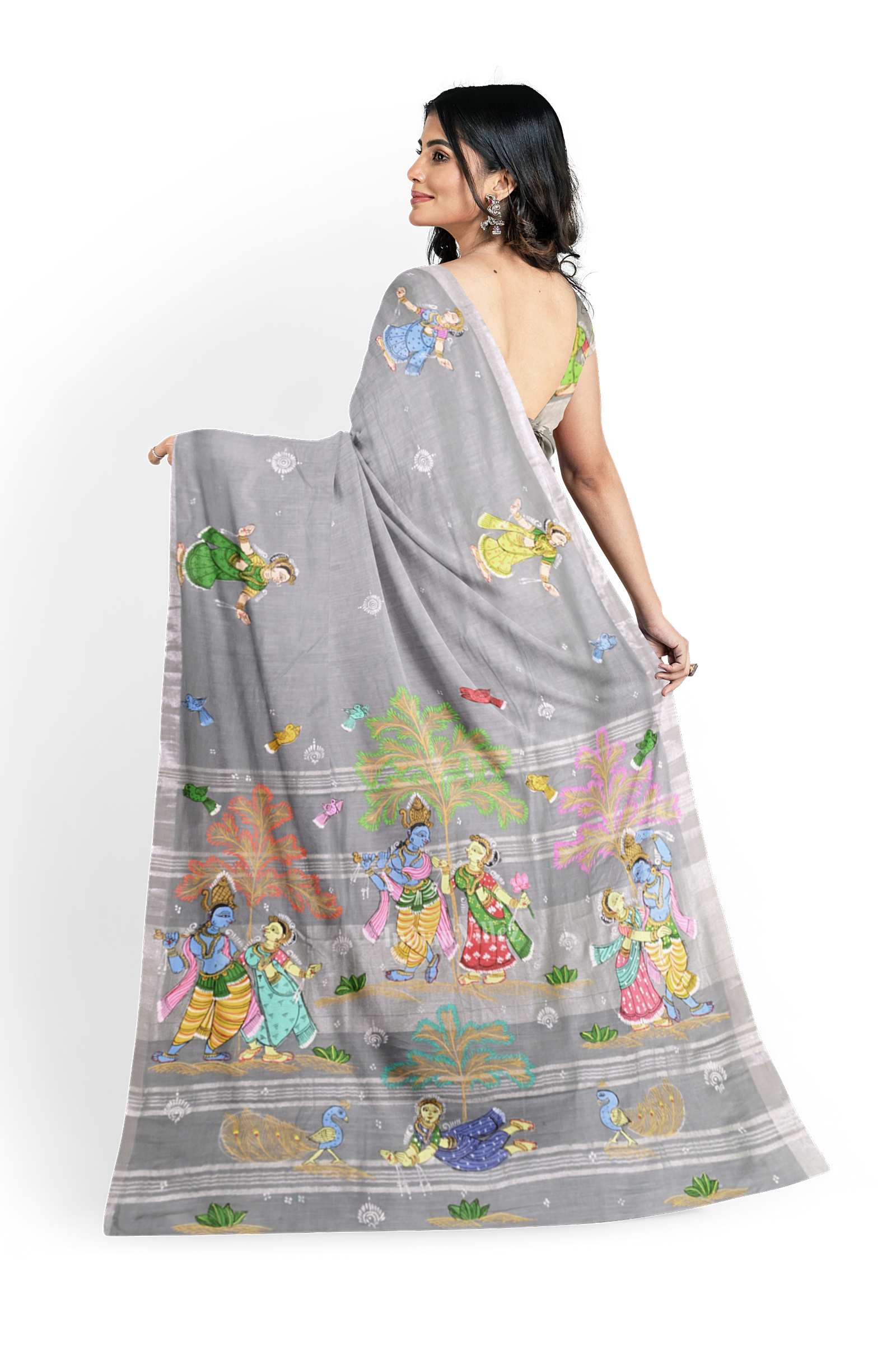 Grey Radha Krishna Raasleela Hand-Painted Pattachitra Saree