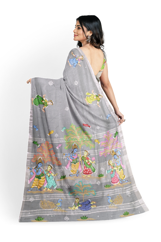 Grey Radha Krishna Raasleela Hand-Painted Pattachitra Saree