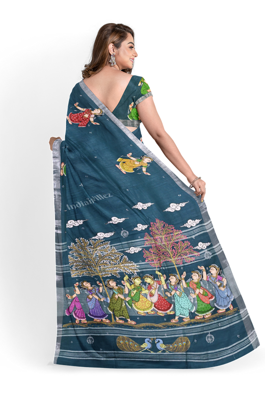 Peacock Blue Raja Doli Theme Hand-Painted Pattachitra Saree