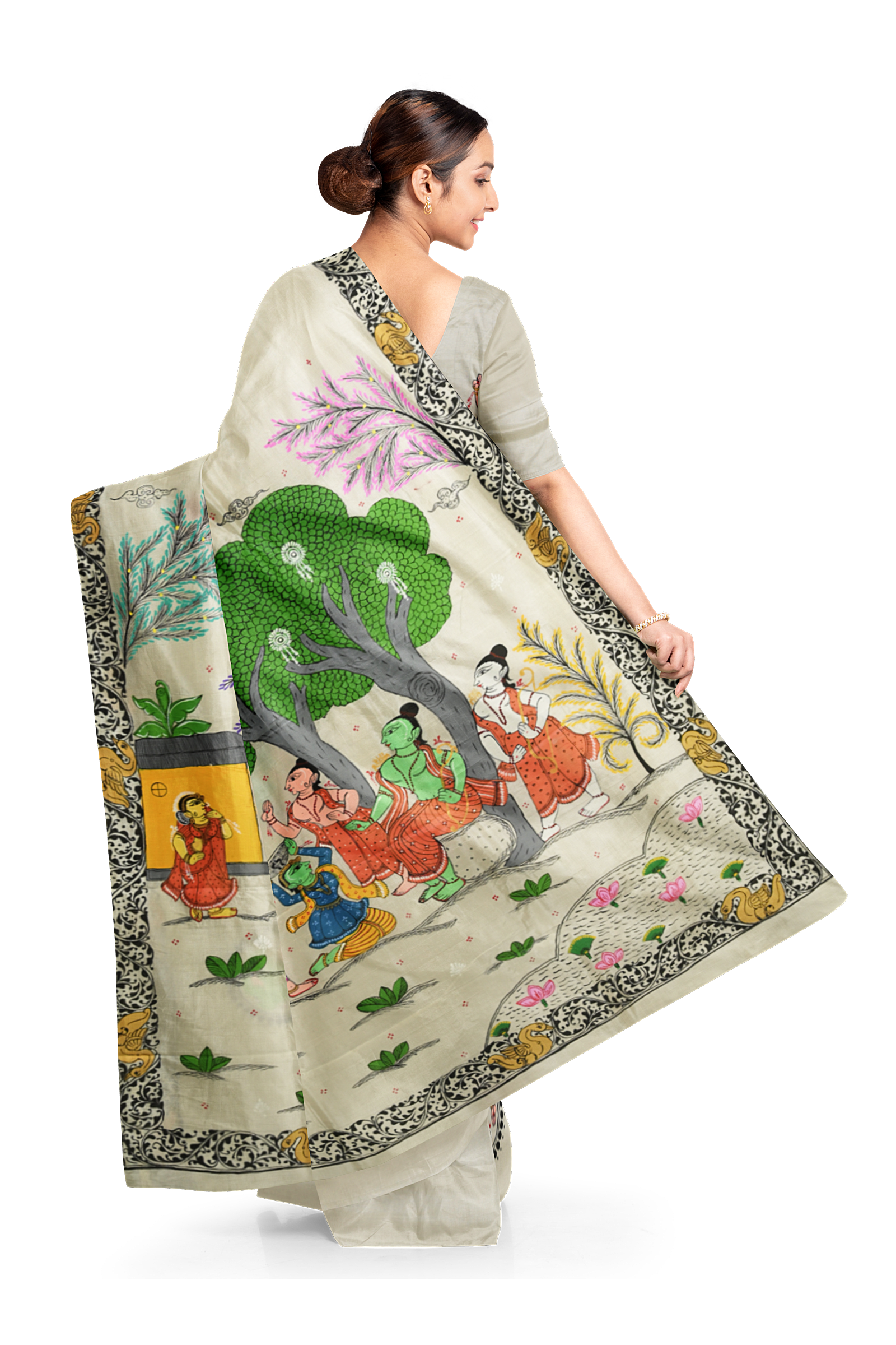 White Ramayana Theme Hand-Painted Pattachitra Saree