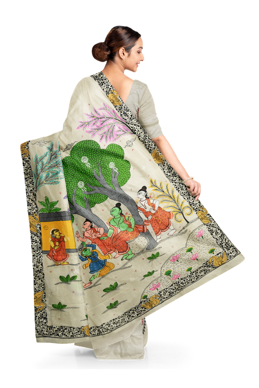 White Ramayana Theme Hand-Painted Pattachitra Saree