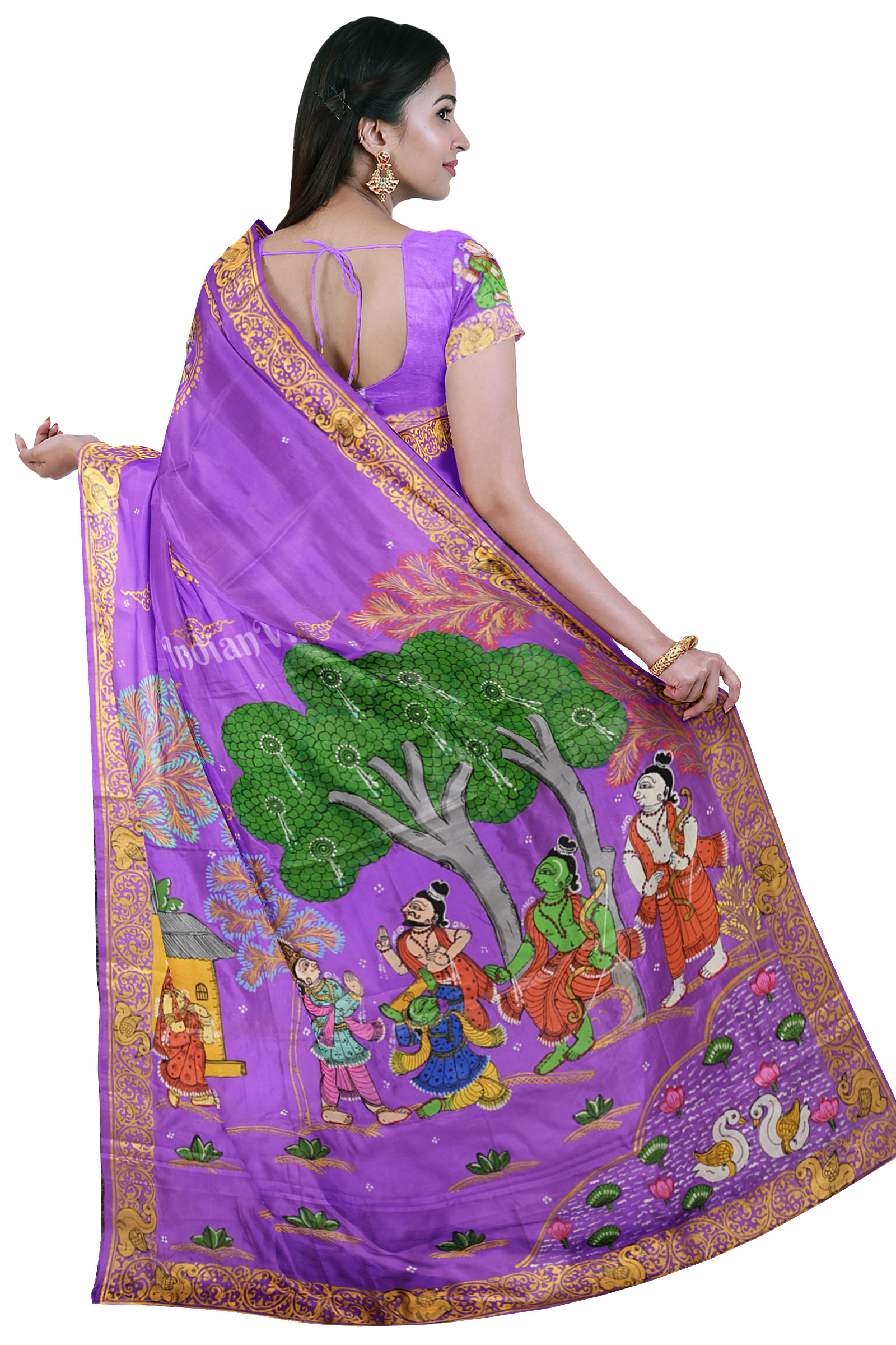Purple Ramayana Theme Hand-Painted Pattachitra Saree