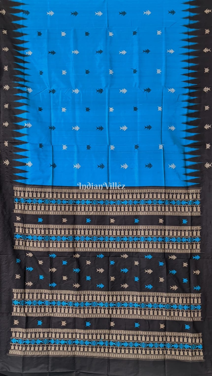 Azure Blue Habaspuri Contemporary Sambalpuri Bomkai Silk Saree