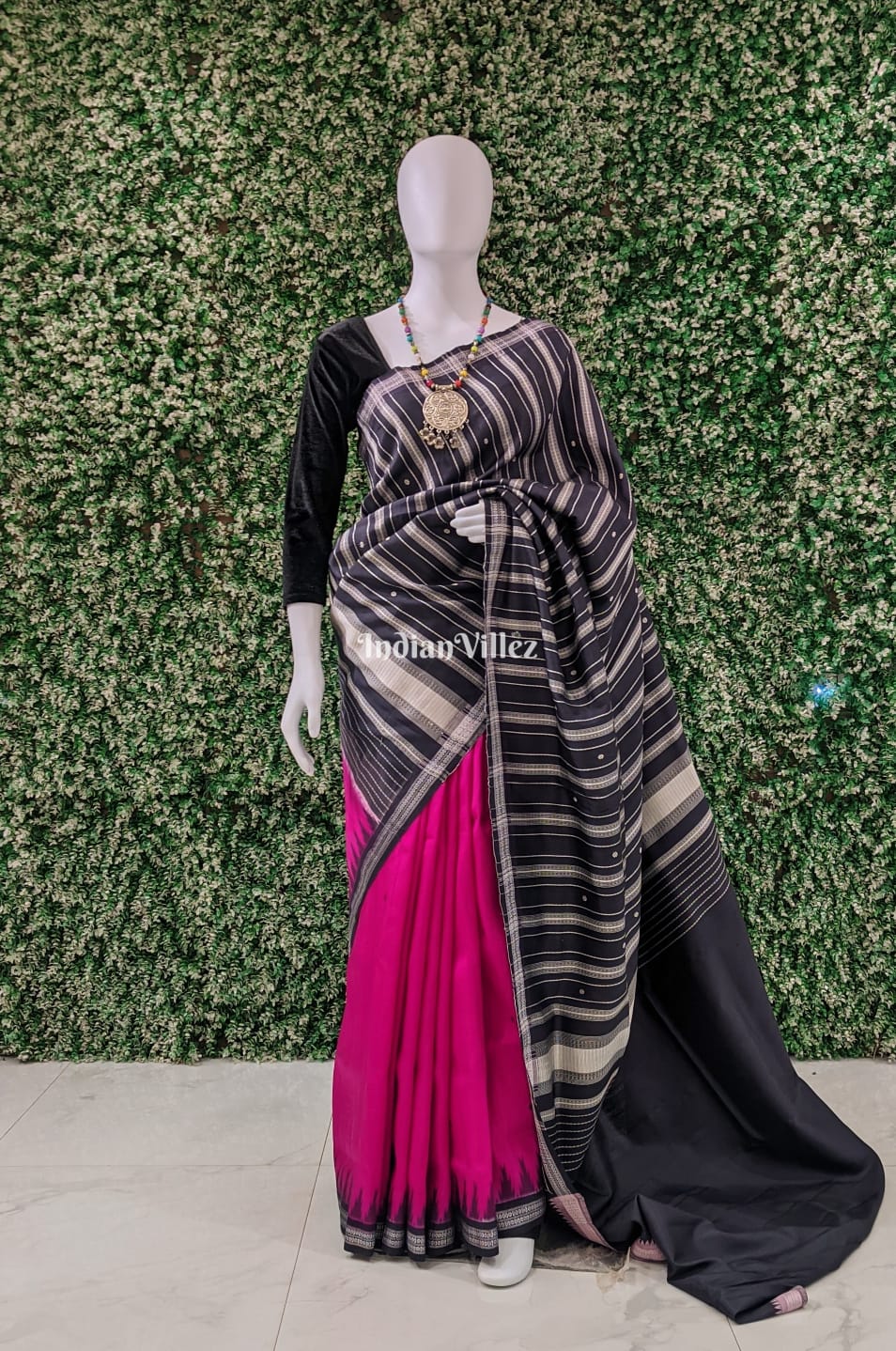 Rani Pink Traditional Double Pallu Berhampuri Silk Saree