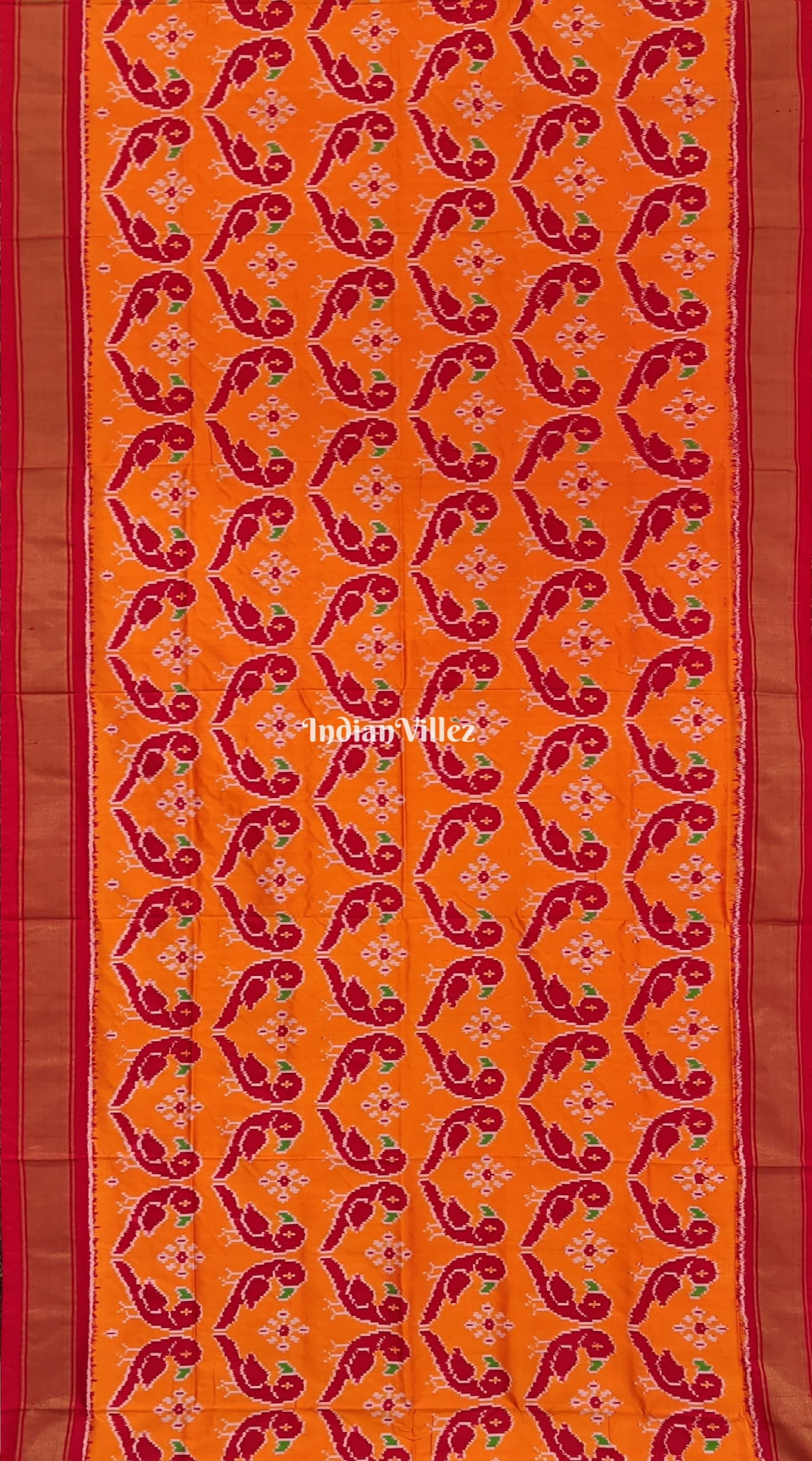 Orange Red Parrot theme Pochampally Ikat Silk Saree