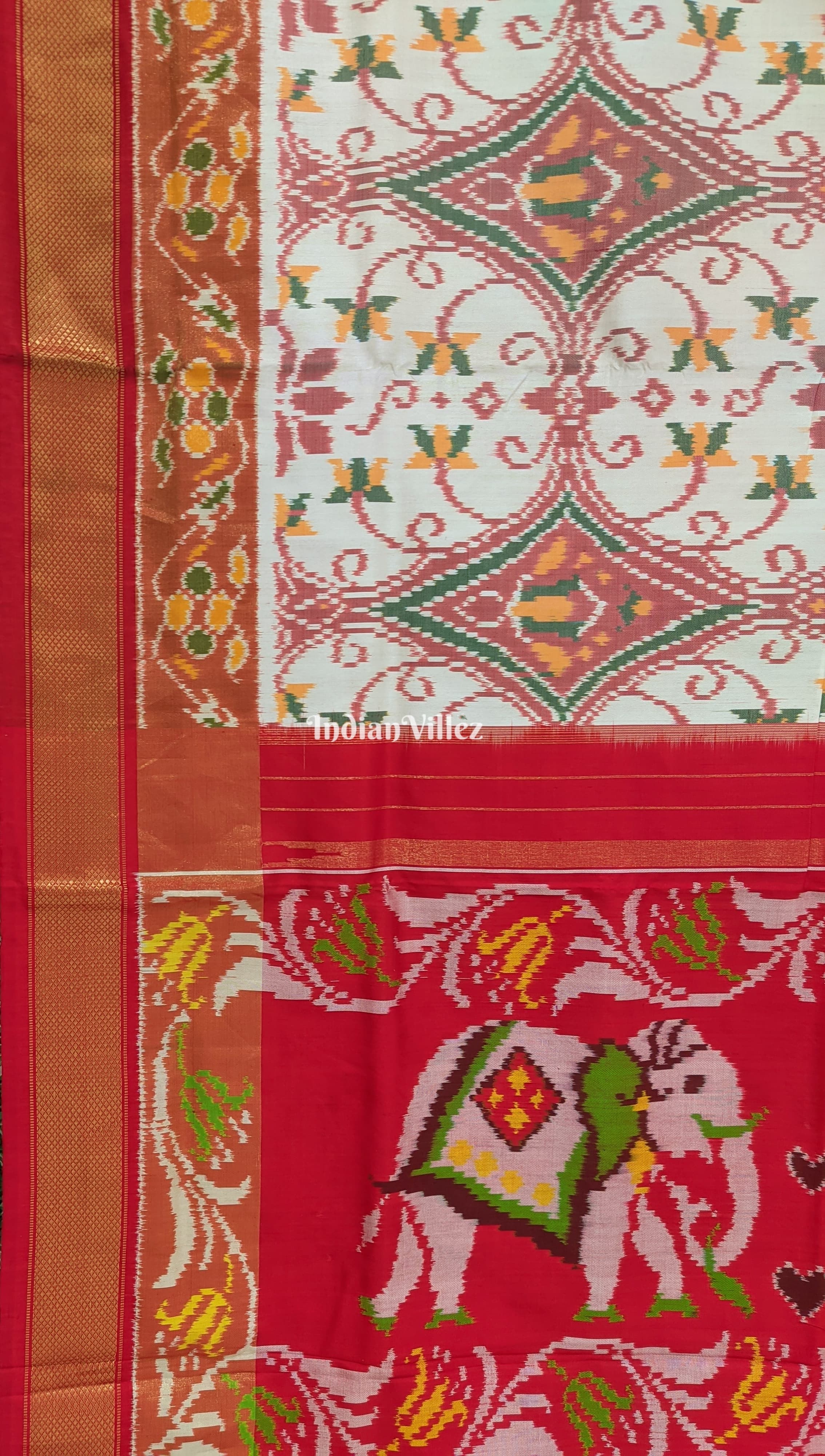 Multicoloured Design Pochampally Ikat Silk Saree with Elephant Anchal