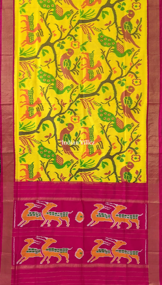 Yellow Red parrot Design Pochampally Ikat Silk Saree