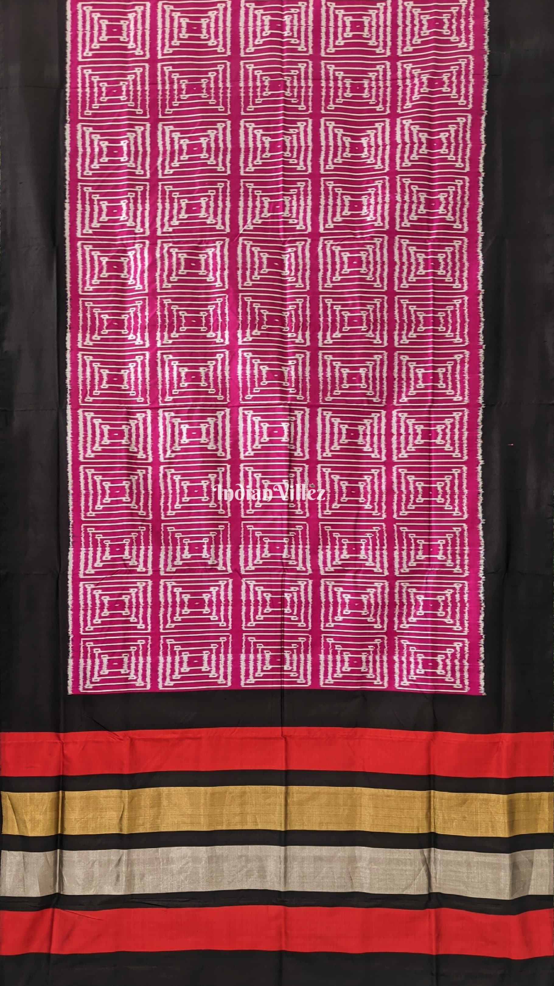 Dark Pink with Black Border Pochampally Ikat Silk Saree