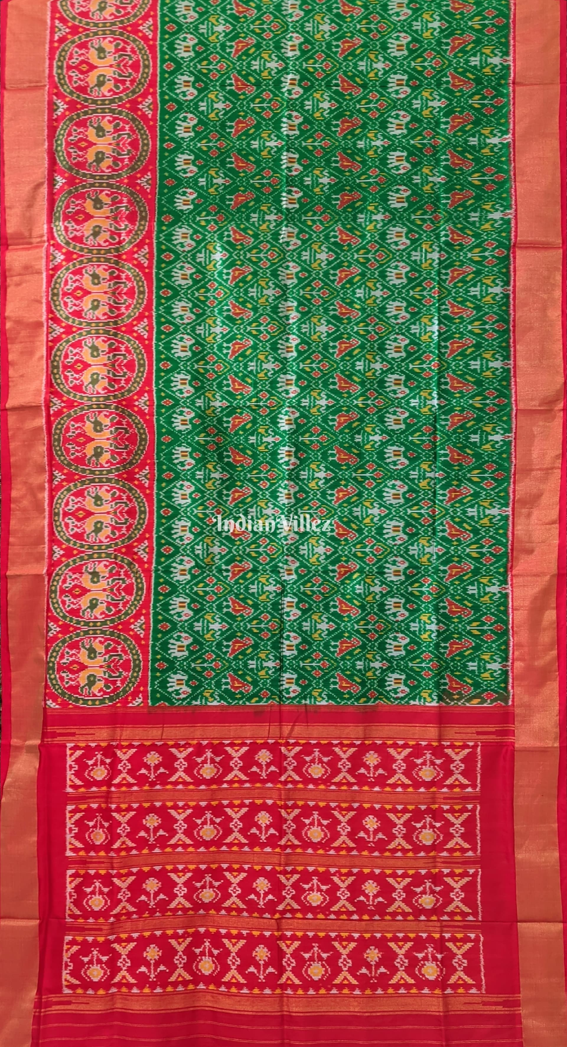Red Green Elephant Design Pochampally Ikat Silk Saree