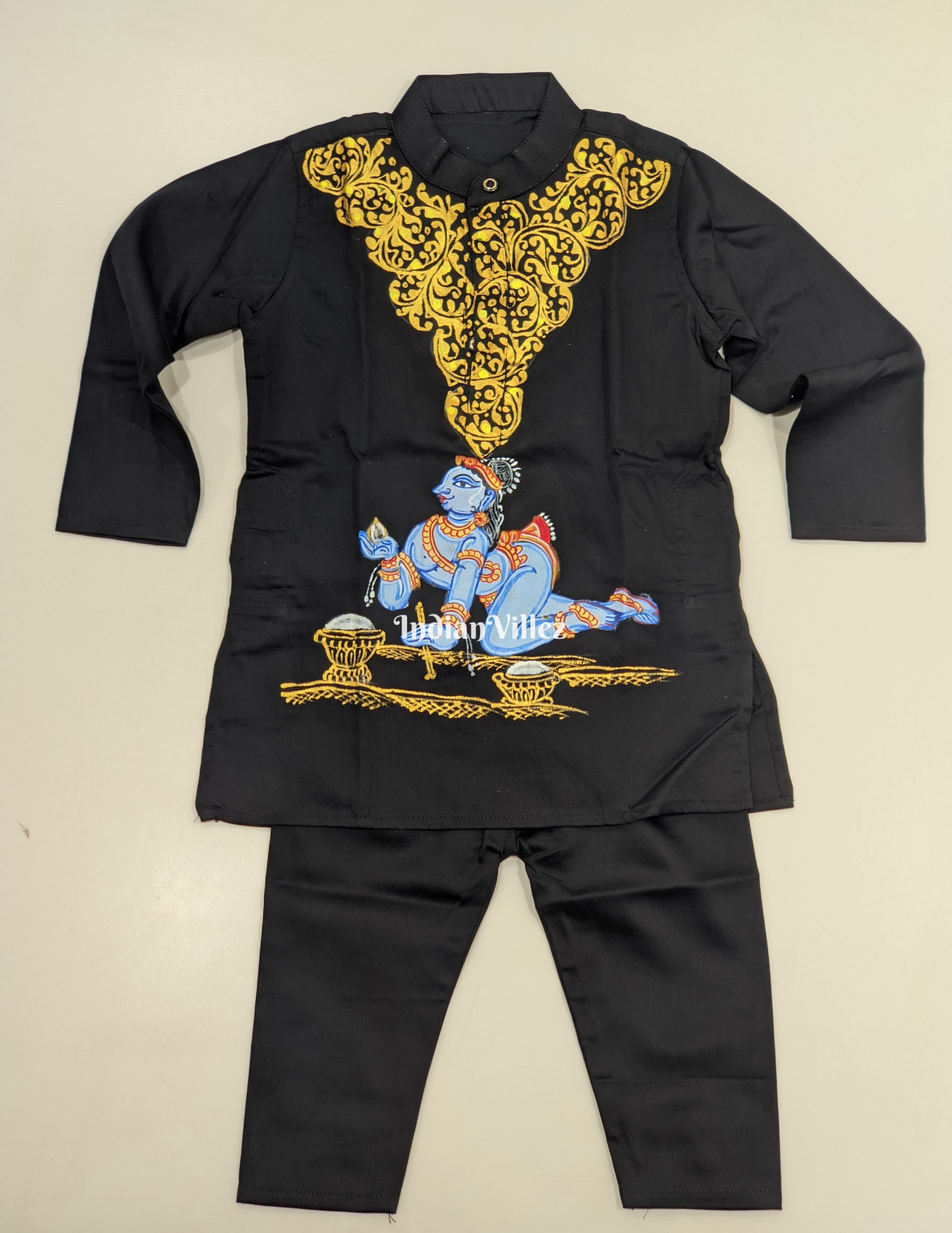 Black Boys Krishna Theme Hand-Painted Pattachitra Kurta & Pyjama Set